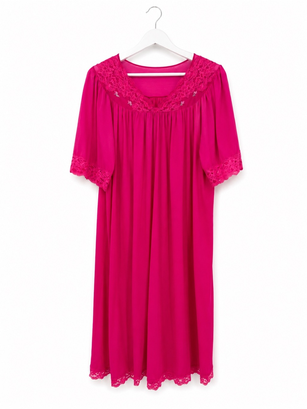 Shadowline Vintage Hot Pink Lace Trim Nightgown Dress Size Large Embroidered
